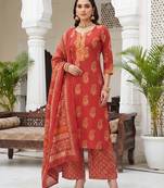 Rust floral printed cotton kurta set