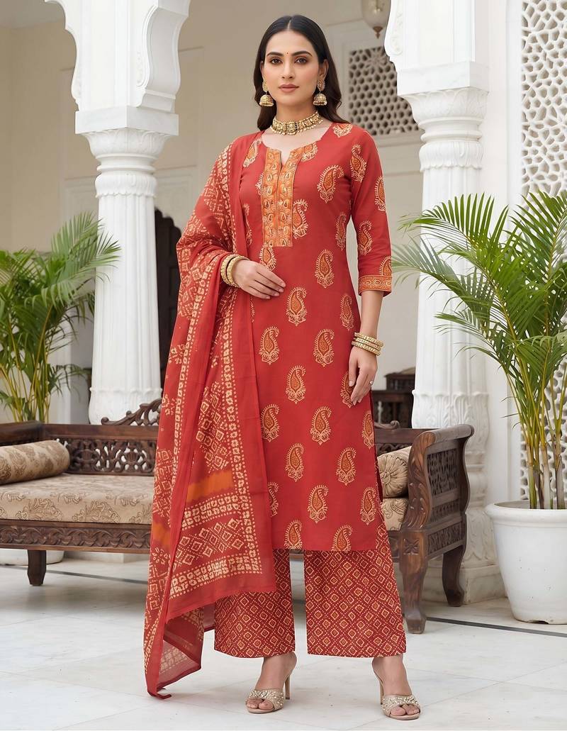 Rust floral printed cotton kurta set