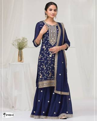 Navy blue fancy fabric hand embroidery semi stitched salwar suits 1