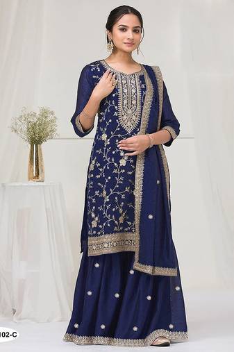 Navy blue fancy fabric hand embroidery semi stitched salwar suits