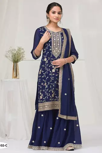 Navy blue fancy fabric hand embroidery semi stitched salwar suits