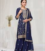 Navy blue fancy fabric hand embroidery semi stitched salwar suits