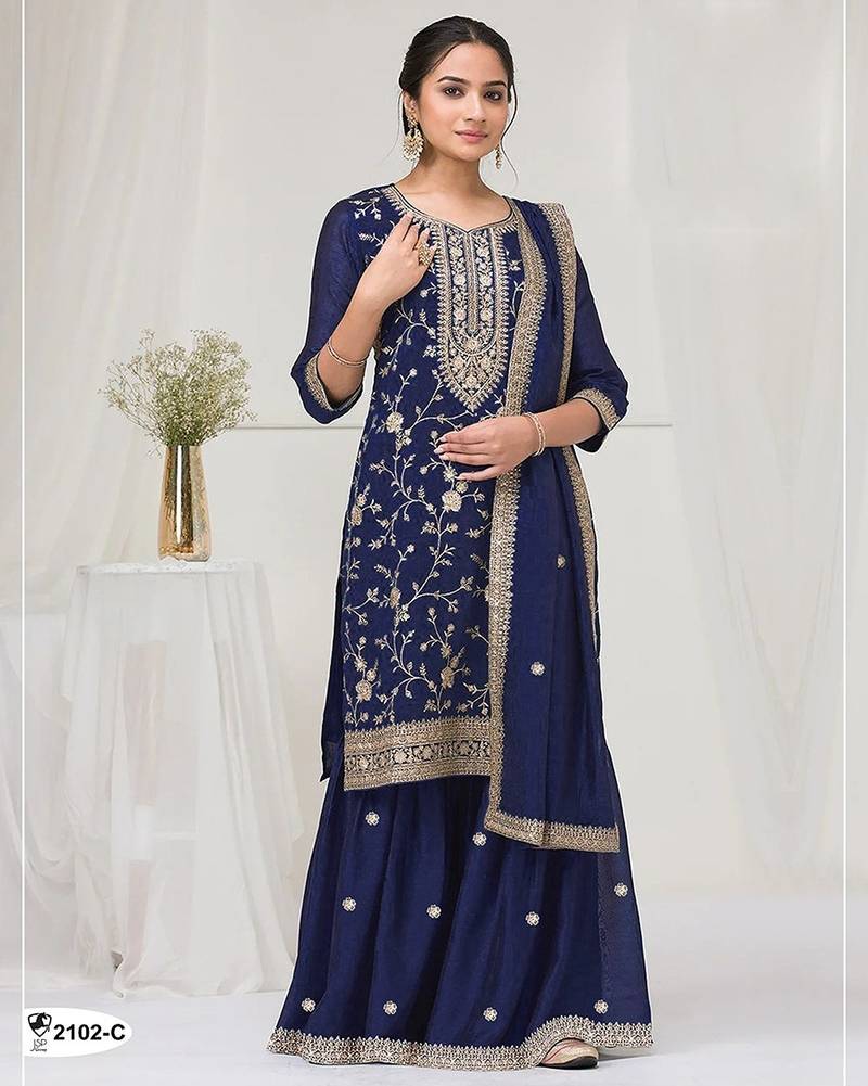 Navy blue fancy fabric hand embroidery semi stitched salwar suits