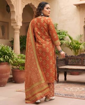 Rust floral printed cotton kurta set 2