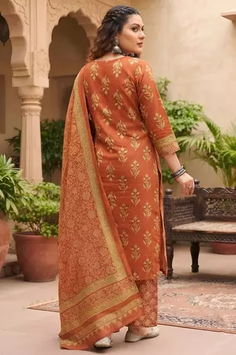 Rust floral printed cotton kurta set