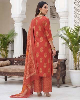 Rust floral printed cotton kurta set 2
