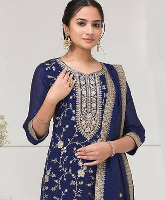 Navy blue fancy fabric hand embroidery semi stitched salwar suits 2