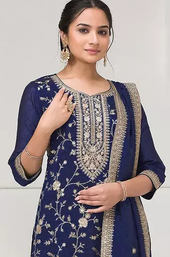 Navy blue fancy fabric hand embroidery semi stitched salwar suits