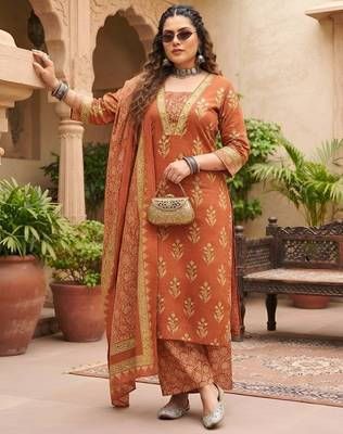 Rust floral printed cotton kurta set 3