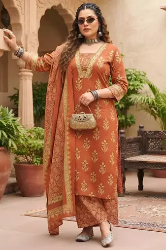 Rust floral printed cotton kurta set