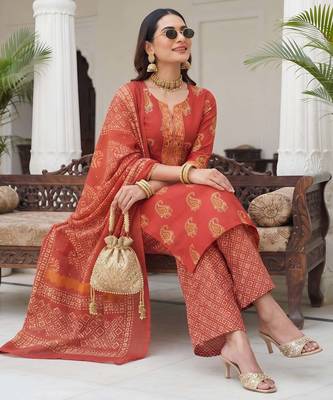 Rust floral printed cotton kurta set 3