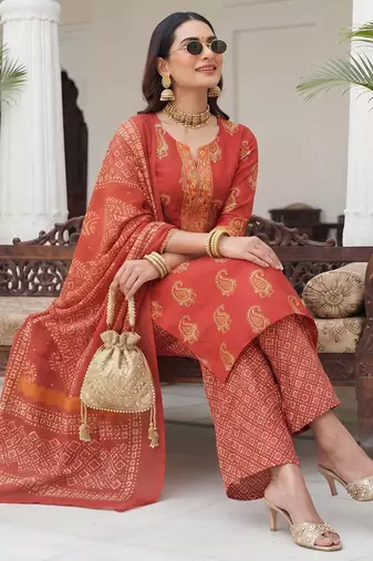Rust floral printed cotton kurta set