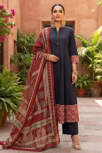 Black floral printed cotton kurta set