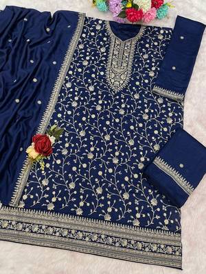 Navy blue fancy fabric hand embroidery semi stitched salwar suits 3