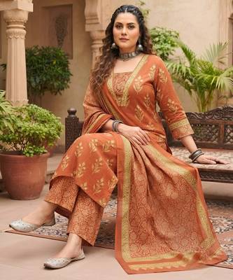 Rust floral printed cotton kurta set 4