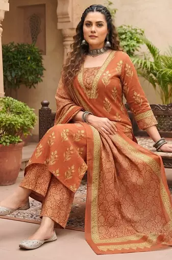 Rust floral printed cotton kurta set