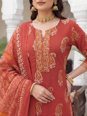 Rust floral printed cotton kurta set 4