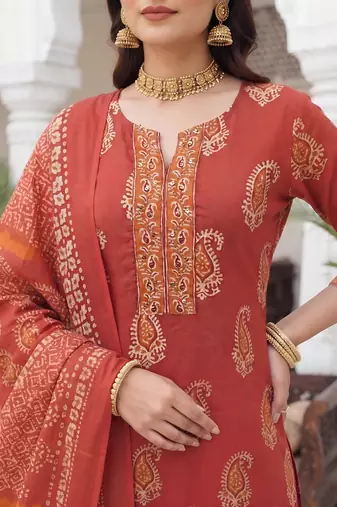 Rust floral printed cotton kurta set