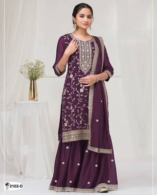 Deep purple fancy fabric hand embroidery semi stitched salwar suits 1