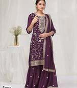 Deep purple fancy fabric hand embroidery semi stitched salwar suits