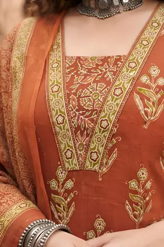 Rust floral printed cotton kurta set