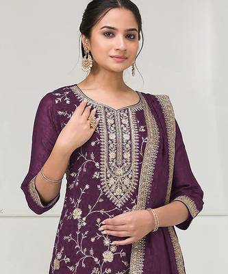 Deep purple fancy fabric hand embroidery semi stitched salwar suits 2