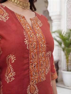 Rust floral printed cotton kurta set 5
