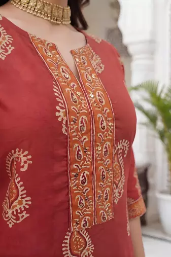 Rust floral printed cotton kurta set