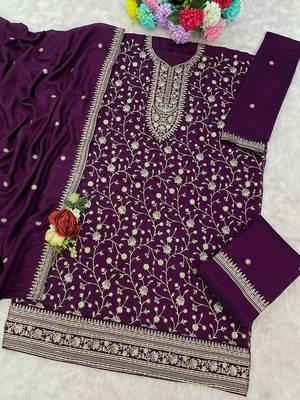 Deep purple fancy fabric hand embroidery semi stitched salwar suits 3