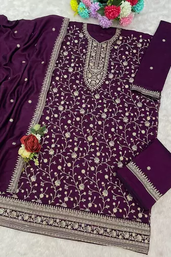 Deep purple fancy fabric hand embroidery semi stitched salwar suits