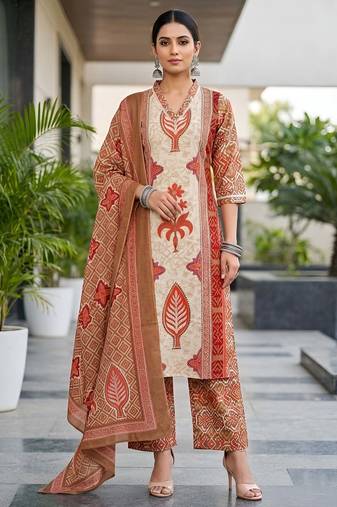 Rust floral printed cotton kurta set
