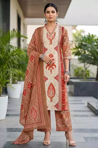 Rust floral printed cotton kurta set