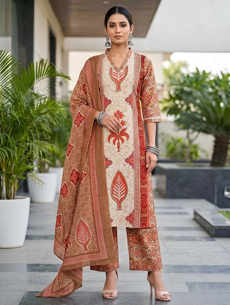 Rust floral printed cotton kurta set