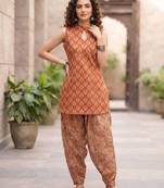 Rust floral printed cotton kurta set