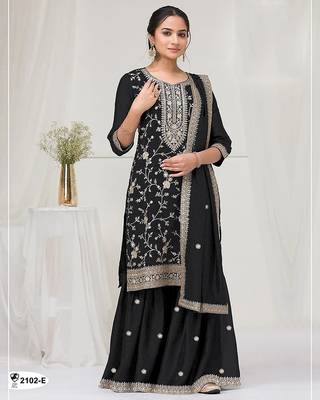 Black fancy fabric hand embroidery semi stitched salwar suits 1