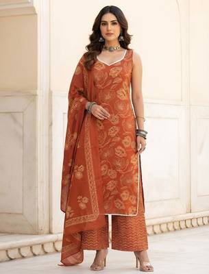 Rust floral printed cotton kurta set 1
