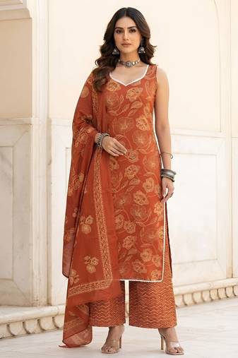Rust floral printed cotton kurta set
