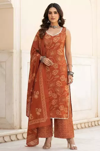 Rust floral printed cotton kurta set
