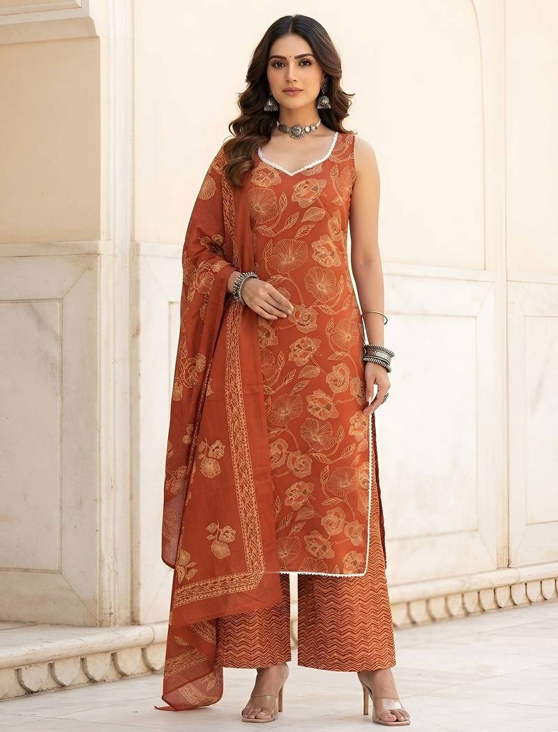 Rust floral printed cotton kurta set