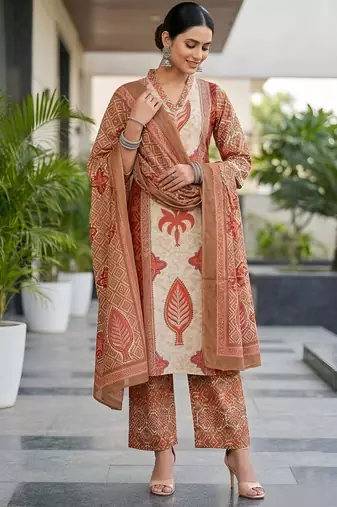 Rust floral printed cotton kurta set
