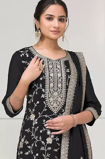 Black fancy fabric hand embroidery semi stitched salwar suits