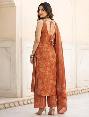 Rust floral printed cotton kurta set 2