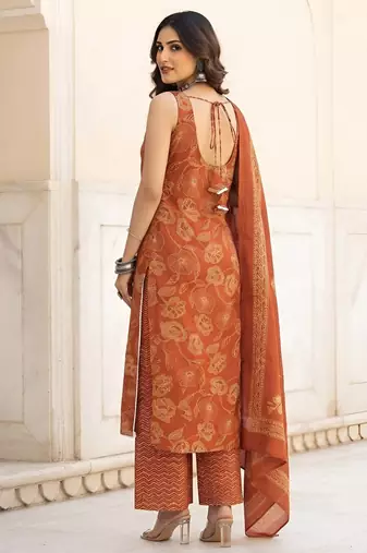 Rust floral printed cotton kurta set