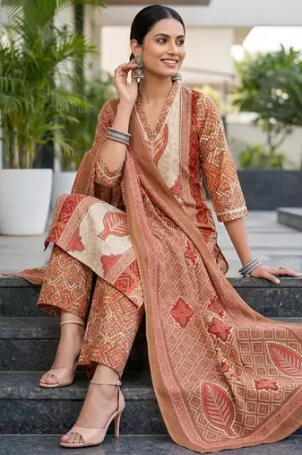 Rust floral printed cotton kurta set