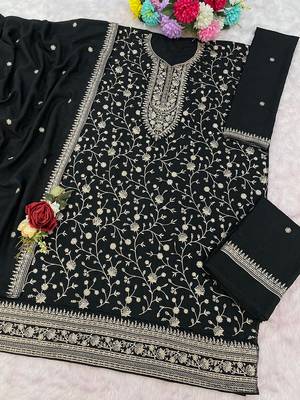 Black fancy fabric hand embroidery semi stitched salwar suits 3