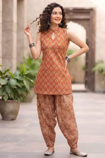 Rust floral printed cotton kurta set