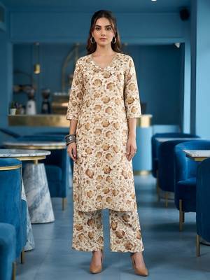 Cream floral printed viscose rayon kurta set 1