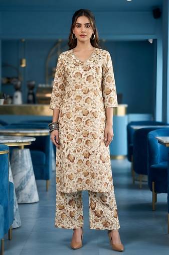 Cream floral printed viscose rayon kurta set