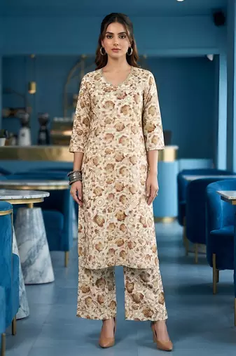 Cream floral printed viscose rayon kurta set