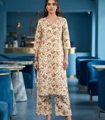 Cream floral printed viscose rayon kurta set